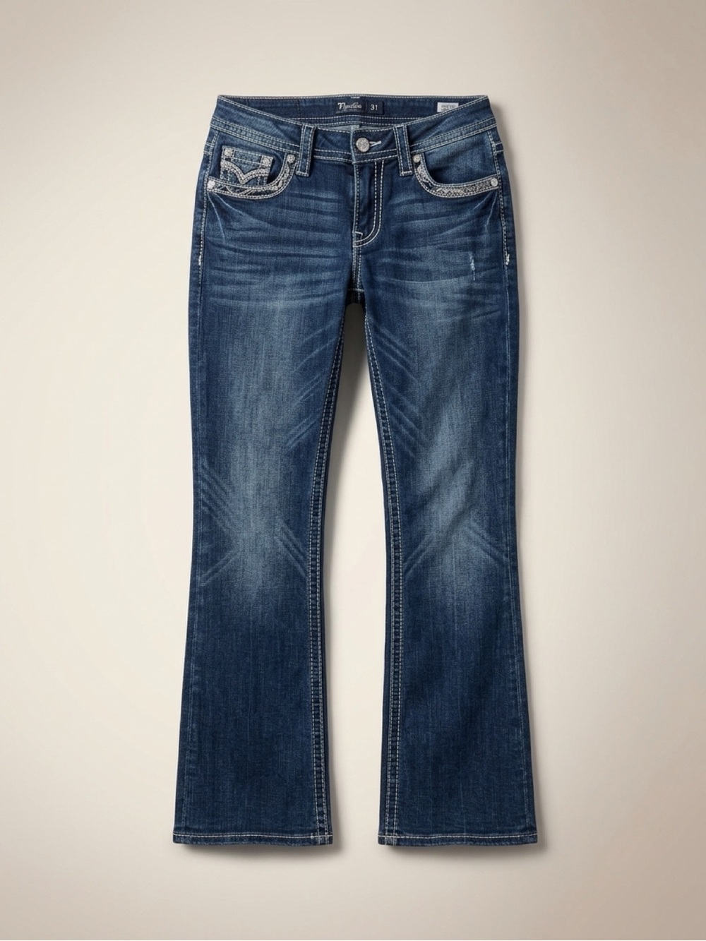 Miss Me Los Angeles Curvy Boot Jeans Size 31 Bootcut Dark Wash Bling Pocket E349